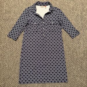 Persifor Winpenny dress in a navy blue and white geometric print